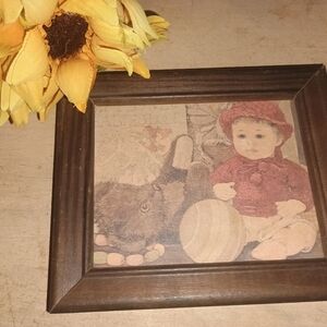 Vintage Framed Art with Child and Cat